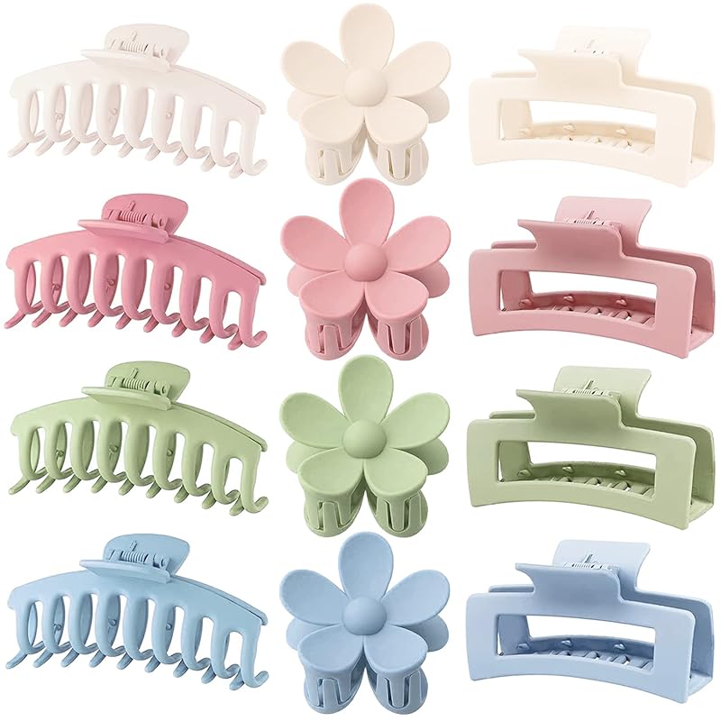Large Hair Claw Clips 12 Pack with Strong Hold, Matte Finish, 3 Styles
