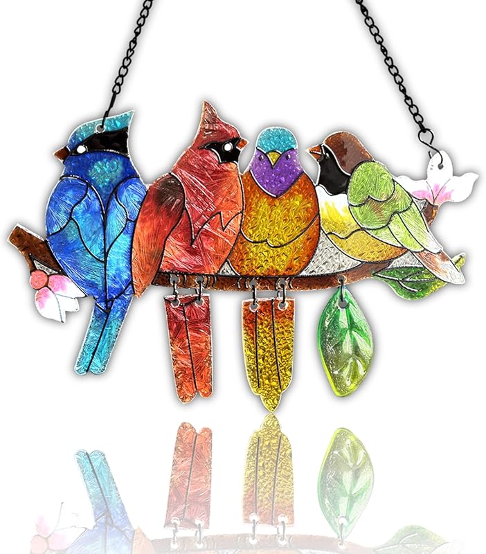 Hand-Painted Stained Glass Hummingbird and Cardinal Window Suncatcher 
