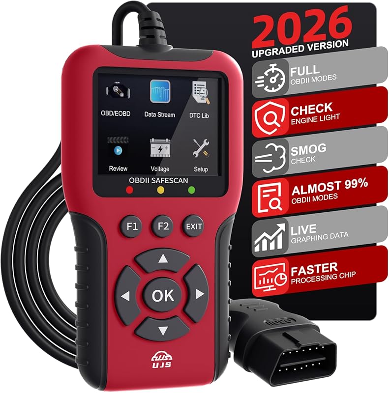 2026 Enhanced Universal OBD2 Scanner in Red, 45000+ Fault Codes, Live