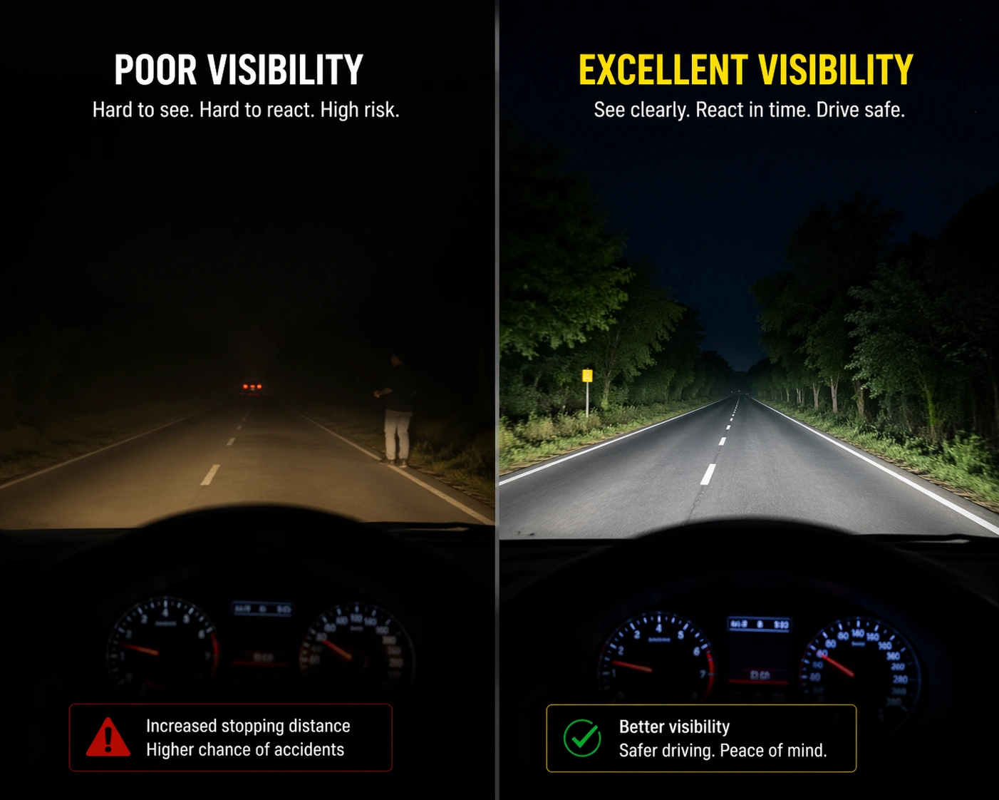 Split screen comparison showing poor visibility with foggy headlights on a dark road versus excellent visibility with restored clear headlights illuminating the road ahead safely