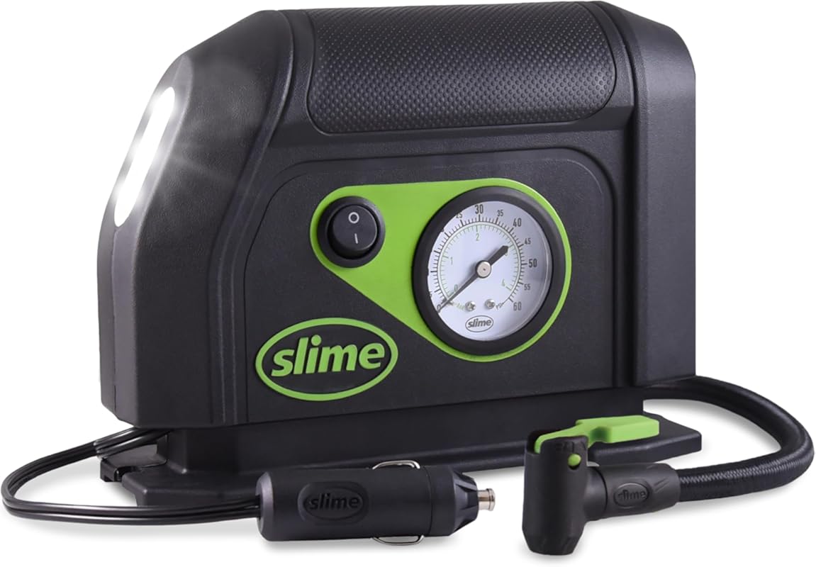 Slime 40050 Portable Tire Inflator with Analog Gauge, LED Light, Long 