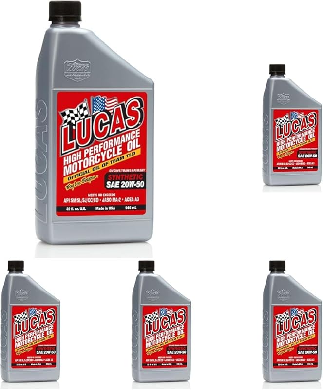 Lucas Oil SAE 20W-50 Synthetic Motorcycle Oil, 1 Quart, Pack of 5