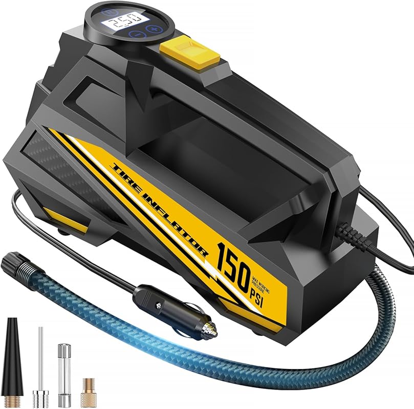 FLYKID Portable Tire Inflator, 150 PSI 12V Air Pump with LCD Gauge and