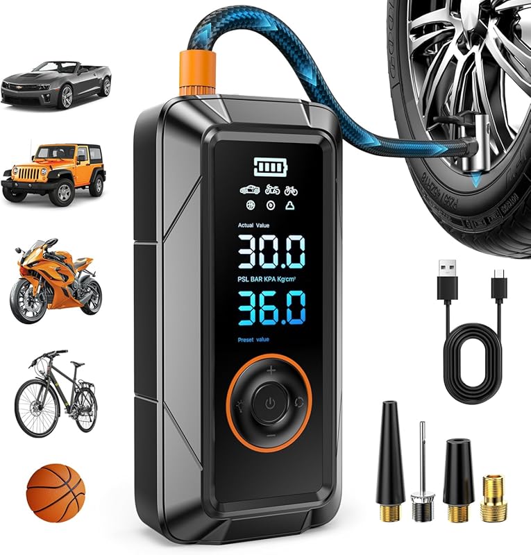 Cordless 12V Portable Tire Inflator, Digital Auto-Shutoff Air Compress