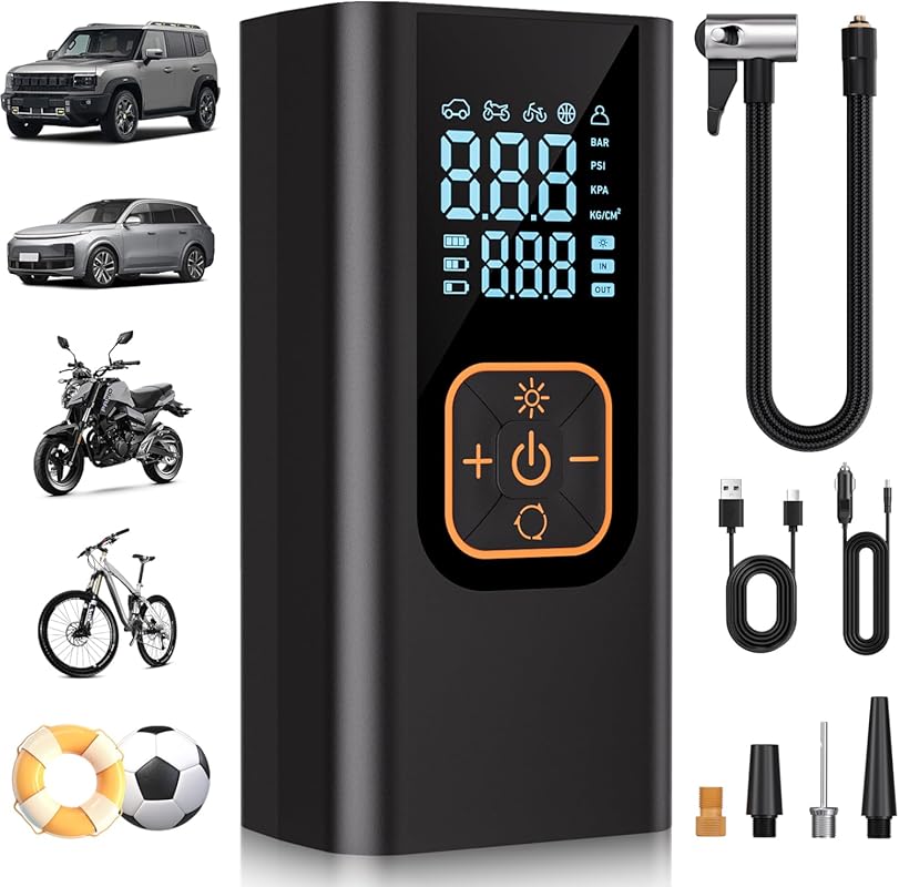 Portable Tire Inflator, 180 PSI Fast Air Pump with Digital Gauge and L