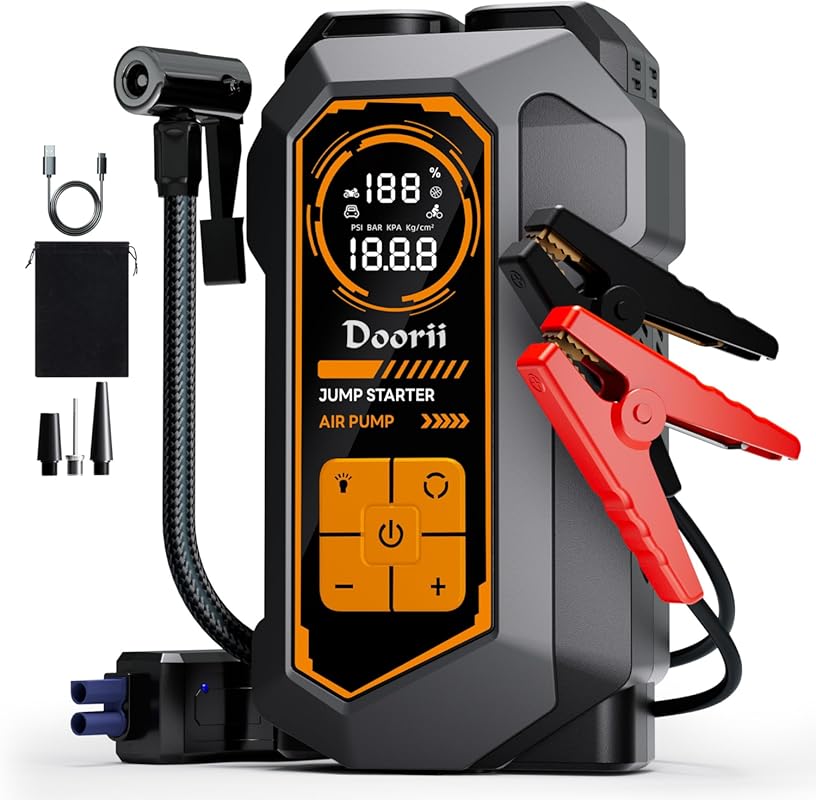 6000A Jump Starter with 150PSI Air Compressor, LED Flashlight, for Up